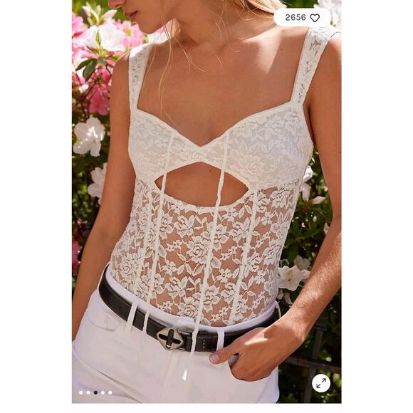 Free People Tops - NWT- Free People Strike a Pose Lace Bodysuit ~ Size L ~ White